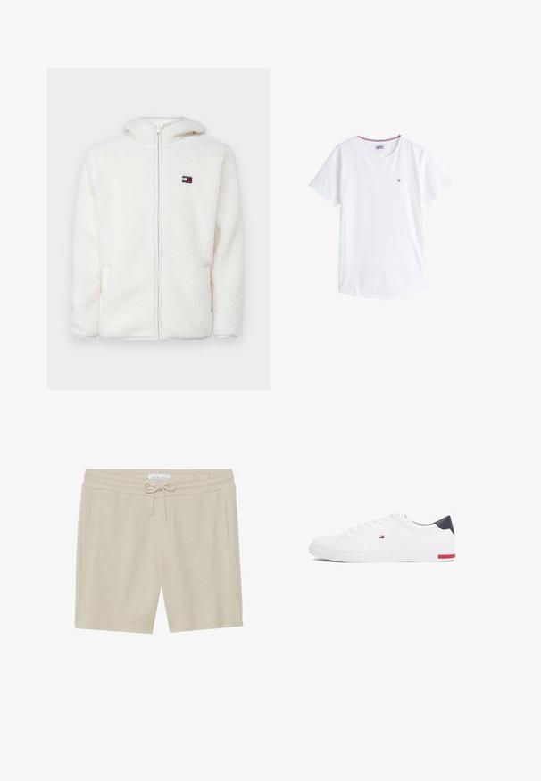 White fleece zip-up hoodie with a soft texture, featuring a hood and side pockets. Small logo on the left chest. Smooth zip closure.; White cotton t-shirt with a crew neck, short sleeves, and a small embroidered logo on the left chest. Features contrasting colored trim at neckline.; Khaki-colored shorts made of soft fabric, featuring a drawstring waist, two side pockets, and a relaxed fit.; White low-top sneakers made of smooth leather. Features a navy heel cap and a red accent on the sole. Six eyelets for laces.