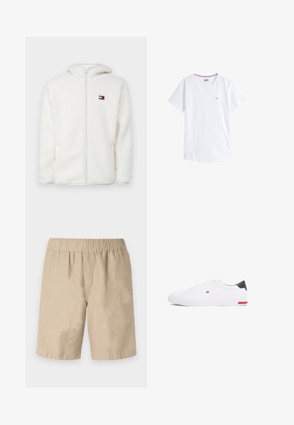 Bela flis zip-up kapuca z mehkim teksturama, ki vključuje kapuco in stranske žepe. Majhna znamka na levem prsnem delu. Gladek zadrgo.; Bela bombažna majica s krojem okoli vratu, kratkimi rokavi in majhnim vezenim logotipom na levem prsnem delu. Ima kontrasten rob na vratnem izrezu.; Bež bombažne hlače s elastiko v pasu, sproščenega kroja in gladke teksture. Brez vidnih žepov ali vzorcev.; Beli nizki športni čevlji iz gladkega usnja. Imajo mornarsko modro zaščito na peti in rdeč poudarek na podplatu. Šest lukenj za vezalke.