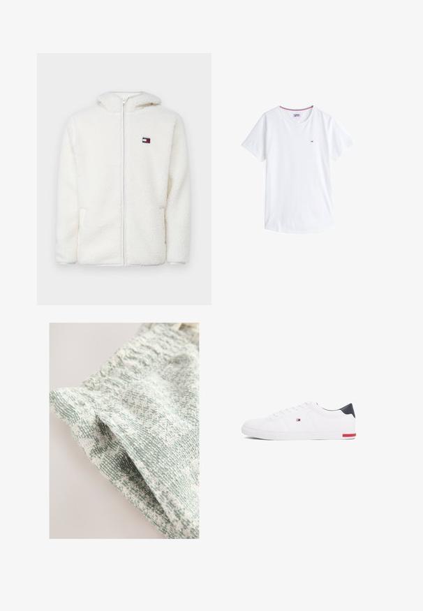 Felpa bianca con zip in pile, dal texture morbido, con cappuccio e tasche laterali. Piccolo logo sul lato sinistro del petto. Chiusura a zip liscia.; T-shirt bianco in cotone con collo rotondo, maniche corte e un piccolo logo ricamato sul petto sinistro. Presenta un bordo colorato a contrasto sul collo.; Tessuto testurizzato con un motivo intrecciato in tonalità verde chiaro e bianco. Presenta una sensazione morbida e leggera con un motivo sottile.; Sneakers bianchi a punta bassa realizzati in pelle liscia. Presentano una tomaia blu navy sul tallone e un accento rosso sulla suola. Sei occhielli per i lacci.