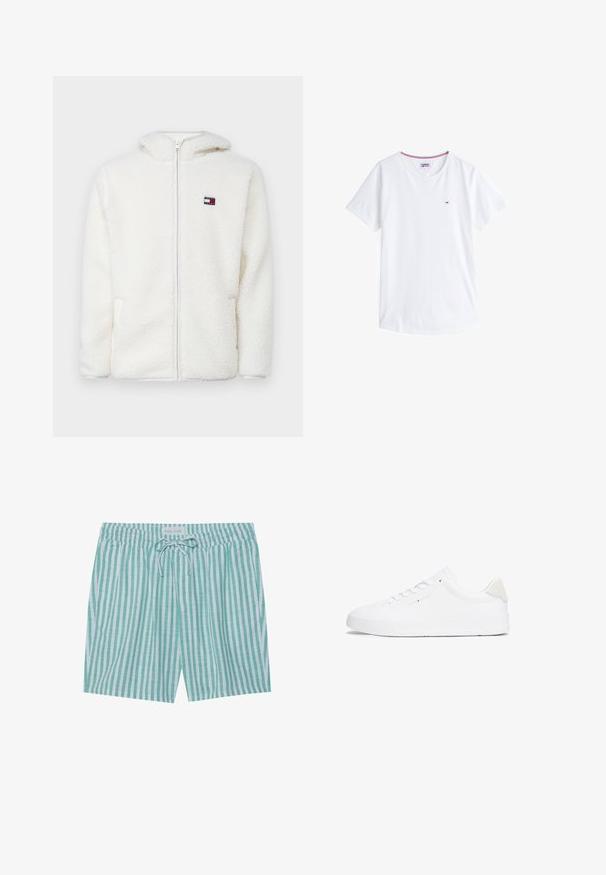 Hvit fleece zip-up hettejakke med myk tekstur, har hette og sidelommer. Liten logo på venstre bryst. Glatt glidelås-lukking.; Hvit bomull t-skjorte med rund hals, korte ermer og en liten brodert logo på venstre bryst. Har kontrastfarget kanting i halsen.; Stripete badebukser i lysegrønn og hvit. Har elastisk midje, snor i livet og sidelommer. Laget av lett stoff.; Hvite sneakers med en glatt lær-overdel, rund tå, flat såle og minimalistisk design. Har diskret merkevare og en beige aksent ved hælen.
