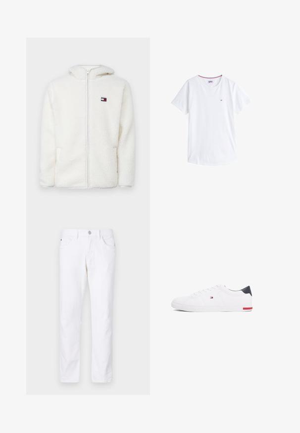 Bela flis zip-up kapuca z mehkim teksturama, ki vključuje kapuco in stranske žepe. Majhna znamka na levem prsnem delu. Gladek zadrgo.; Bela bombažna majica s krojem okoli vratu, kratkimi rokavi in majhnim vezenim logotipom na levem prsnem delu. Ima kontrasten rob na vratnem izrezu.; Beli bombažne kavbojke s ravnimi nogami, ki imajo gumb zapiranje, pet žepov in subtilne šivane detajle.; Beli nizki športni čevlji iz gladkega usnja. Imajo mornarsko modro zaščito na peti in rdeč poudarek na podplatu. Šest lukenj za vezalke.