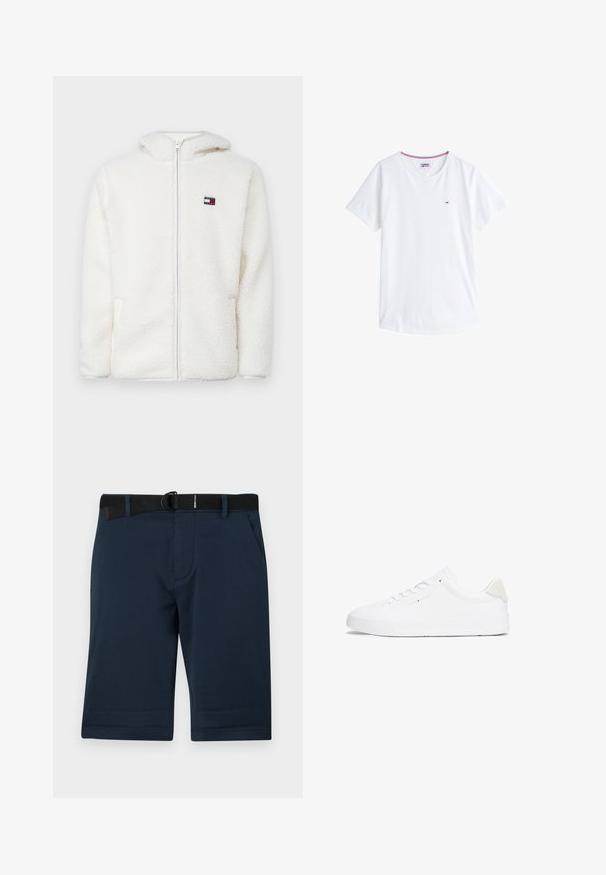 Sweat à capuche zippé en polaire blanche avec une texture douce, doté d'une capuche et de poches latérales. Petit logo sur la poitrine gauche. Fermeture éclair lisse.; T-shirt en coton blanc avec un col rond, des manches courtes et un petit logo brodé sur la poitrine gauche. Présente des bordures de couleur contrastée au niveau du col.; Shorts bleu marine en tissu texturé, présentant une ceinture noire ajustable, deux poches latérales et un ourlet droit.; Baskets blanches avec une tige en cuir lisse, bout arrondi, semelle plate et design minimaliste. Présente un branding discret et un accent beige au talon.