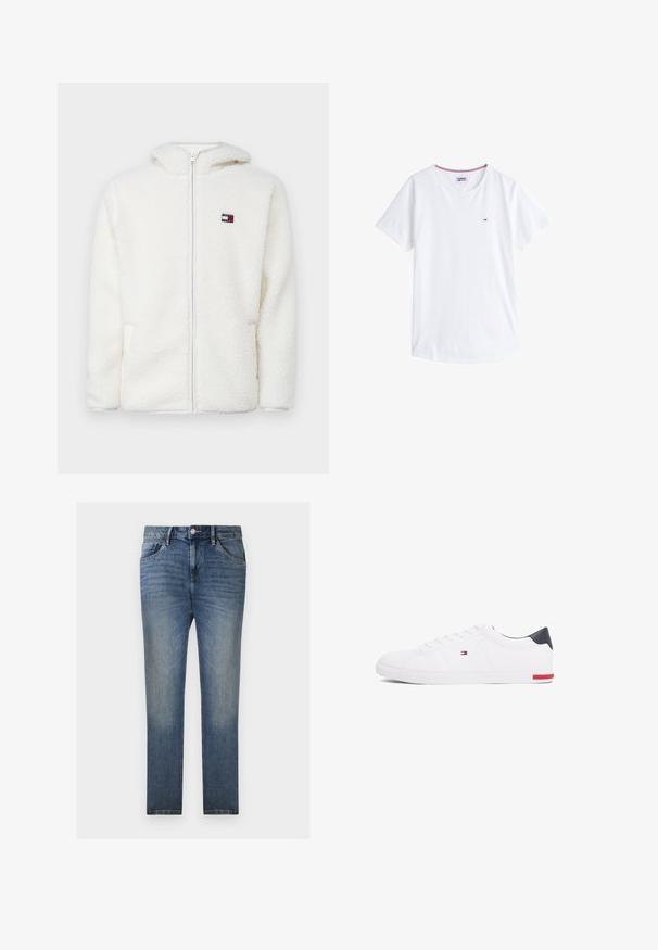 Felpa bianca con zip in pile, dal texture morbido, con cappuccio e tasche laterali. Piccolo logo sul lato sinistro del petto. Chiusura a zip liscia.; T-shirt bianco in cotone con collo rotondo, maniche corte e un piccolo logo ricamato sul petto sinistro. Presenta un bordo colorato a contrasto sul collo.; TOM TAILOR JOSH  - Jeans a sigaretta - clean light stone blue denim; Sneakers bianchi a punta bassa realizzati in pelle liscia. Presentano una tomaia blu navy sul tallone e un accento rosso sulla suola. Sei occhielli per i lacci.