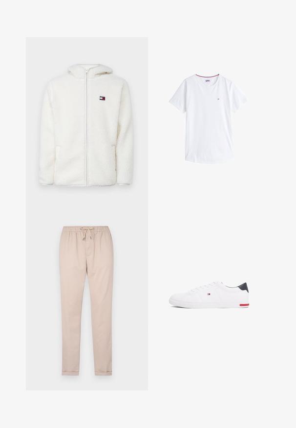 Sweat à capuche zippé en polaire blanche avec une texture douce, doté d'une capuche et de poches latérales. Petit logo sur la poitrine gauche. Fermeture éclair lisse.; T-shirt en coton blanc avec un col rond, des manches courtes et un petit logo brodé sur la poitrine gauche. Présente des bordures de couleur contrastée au niveau du col.; Pantalons beige clair en tissu doux, avec une taille élastique munie d'un cordon, des jambes fuselées et des ourlets retroussés.; Baskets basses blanches en cuir lisse. Dotées d'un talon en bleu marine et d'un accent rouge sur la semelle. Six œillets pour les lacets.