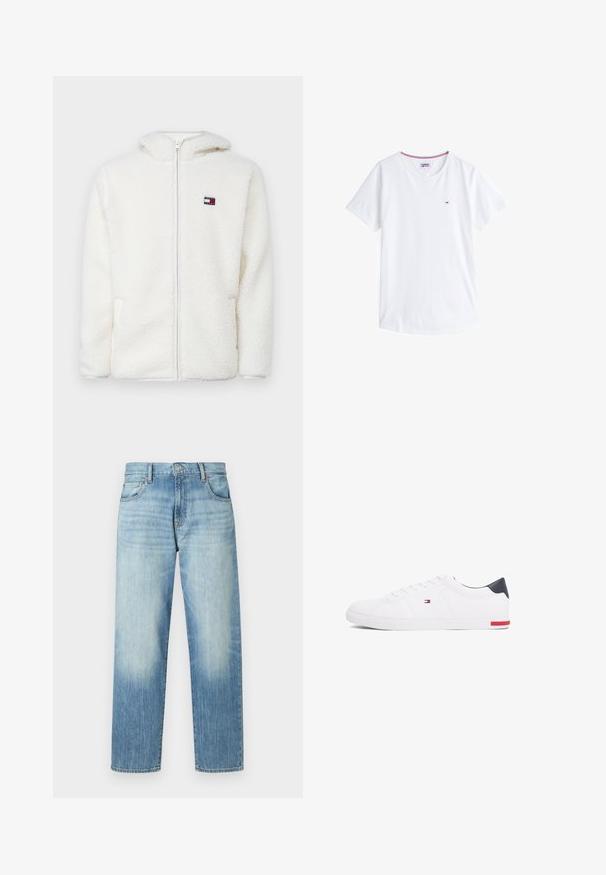 Sweat à capuche zippé en polaire blanche avec une texture douce, doté d'une capuche et de poches latérales. Petit logo sur la poitrine gauche. Fermeture éclair lisse.; T-shirt en coton blanc avec un col rond, des manches courtes et un petit logo brodé sur la poitrine gauche. Présente des bordures de couleur contrastée au niveau du col.; Jean en denim bleu clair avec une coupe droite, présentant un léger délavage, cinq poches et une fermeture à bouton. Taille mi-haute.; Baskets basses blanches en cuir lisse. Dotées d'un talon en bleu marine et d'un accent rouge sur la semelle. Six œillets pour les lacets.