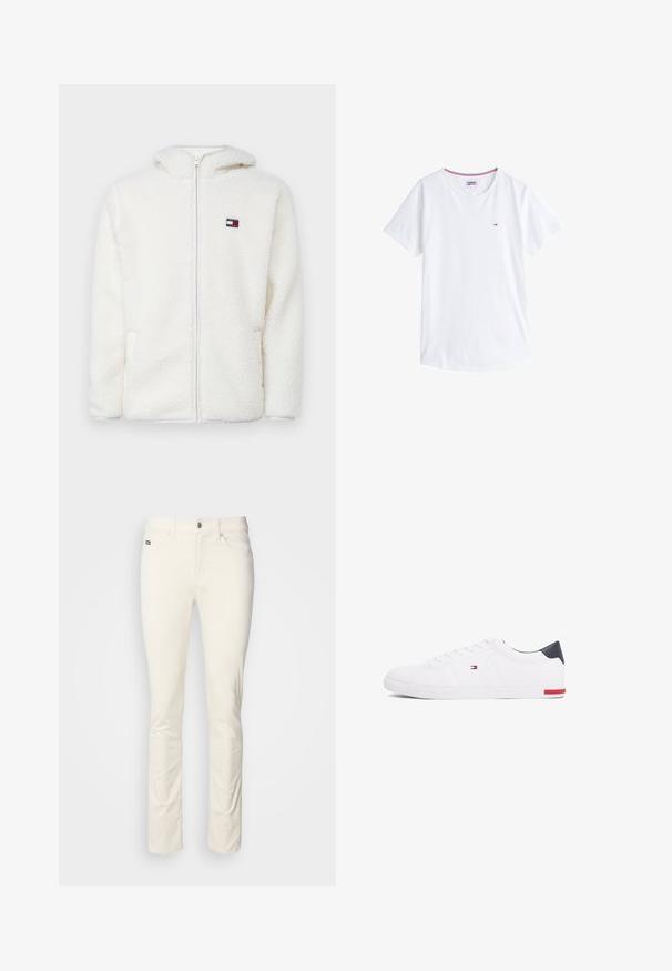 Witte fleece zip-up hoodie met een zachte textuur, voorzien van een capuchon en zijzakken. Klein logo op de linkerkant van de borst. Glad rits sluiting.; Witte katoenen t-shirt met een ronde hals, korte mouwen en een klein geborduurd logo op de linkerborst. Bevat contrasterend gekleurde afwerking bij de halslijn.; Witte, rechte broek gemaakt van een gladde katoenstof. Voorzien van een knoopsluiting, riemlussen en voorkeurszakken. Minimalistisch ontwerp zonder patronen.; Witte lage sneakers gemaakt van glad leer. Beschikt over een marineblauwe hielkap en een rode accent op de zool. Zes oogjes voor veters.