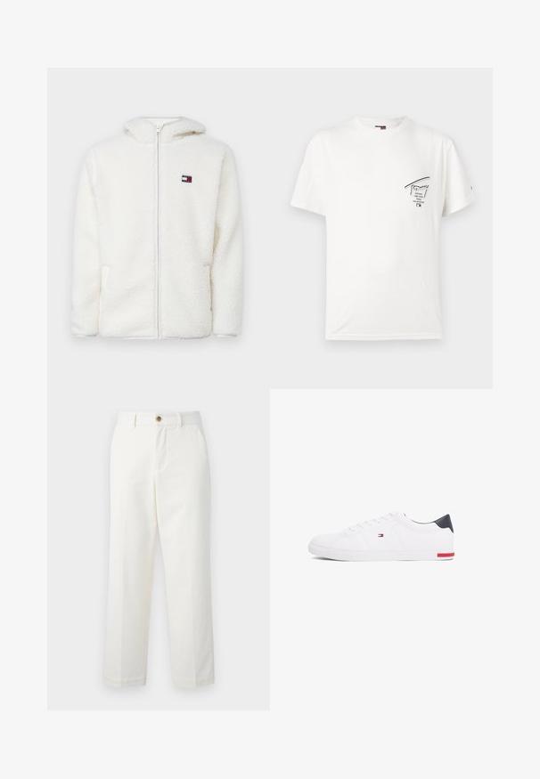 Fehér bolyhos zipzáras kapucnis pulóver, puha tapintással, kapucnival és oldalsó zsebekkel. Kis logó a bal mellen. Sima zipzáras záródás.; Fehér pamut póló kerek nyakkal. Az önálló bal mellen fekete grafikai nyomat található, felirattal és egy kis logó részlettel.; Fehér, szabott pamut nadrág, egyenes lábmegoldással, elülső zsebekkel és gombos zárszerkezettel a deréknál. Sima textúra.; Fehér alacsony szárú sneaker sima bőrből. Tengerészkék sarokvédővel és piros díszítéssel a talpon. Hat fűzőlyuk a fűzők számára.
