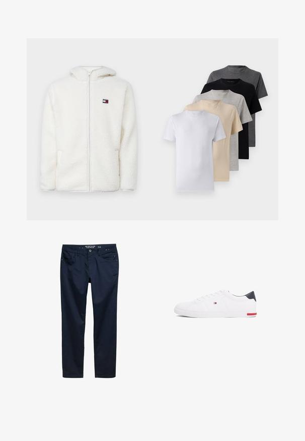 Bílá fleecová mikina na zip s měkkou texturou, obsahující kapuci a postranní kapsy. Malé logo na levém prsu. Hladký zip.; Sada pěti triček s krátkým rukávem v bílé, béžové, světle šedé, tmavě šedé a černé barvě. Vyrobena z hladké bavlny, s designem kulatého výstřihu.; Námořnické modré kalhoty vyrobené z hladké bavlněné látky, se standardním střih, pěti kapsami a zapínáním na zip s knoflíkem.; Bílé nízké tenisky vyrobené z hladké kůže. Mají tmavě modrý opatek a červený akcent na podrážce. Šest ok pro tkaničky.