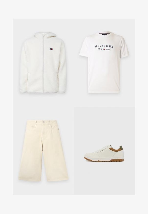 Sudadera con cremallera blanca de felpa, con una textura suave, que cuenta con una capucha y bolsillos laterales. Pequeño logo en el lado izquierdo del pecho. Cierre de cremallera suave.; Camiseta de algodón blanca con cuello redondo, mangas cortas y un logotipo central que dice "HILFIGER USA 1985" en azul marino con un emblema rojo y azul.; Pantalones cortos anchos beige hechos de algodón con un diseño clásico de cinco bolsillos, que cuentan con un botón metálico plateado y un cierre de cremallera en la parte delantera.; Tommy Hilfiger BASKET CORE - Zapatillas - ecru/army green