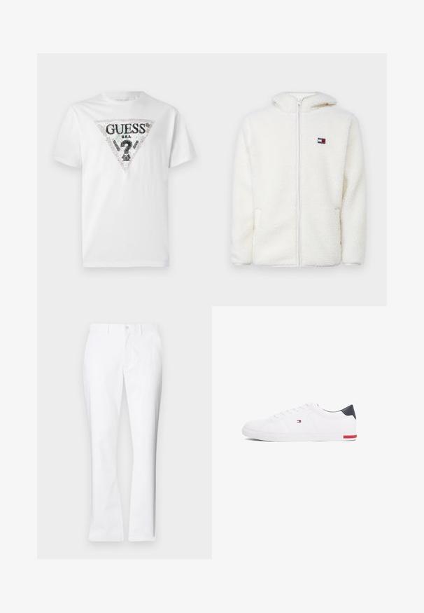 Bijela dukserica sa patentnim zatvaračem od flisa s mekom teksturom, koja ima kapuljaču i bočne džepove. Mali logo na lijevoj strani prsnog koša. Glatko zatvaranje s patentnim zatvaračem.; Bijela pamučna majica s crnim i šarenim trokutastim logotipom s natpisom. Kratki rukavi i okrugli izrez, glatkoga tekstura.; Bijele pamučne hlače ravnog kroja, s prednjim džepovima, jednim gumbom za zatvaranje i glatkom teksturom.; Bijele niske tenisice od glatke kože. Imaju mornarsko plavi kapica na peti i crvenu akciju na potplatu. Šest rupica za vezivanje.