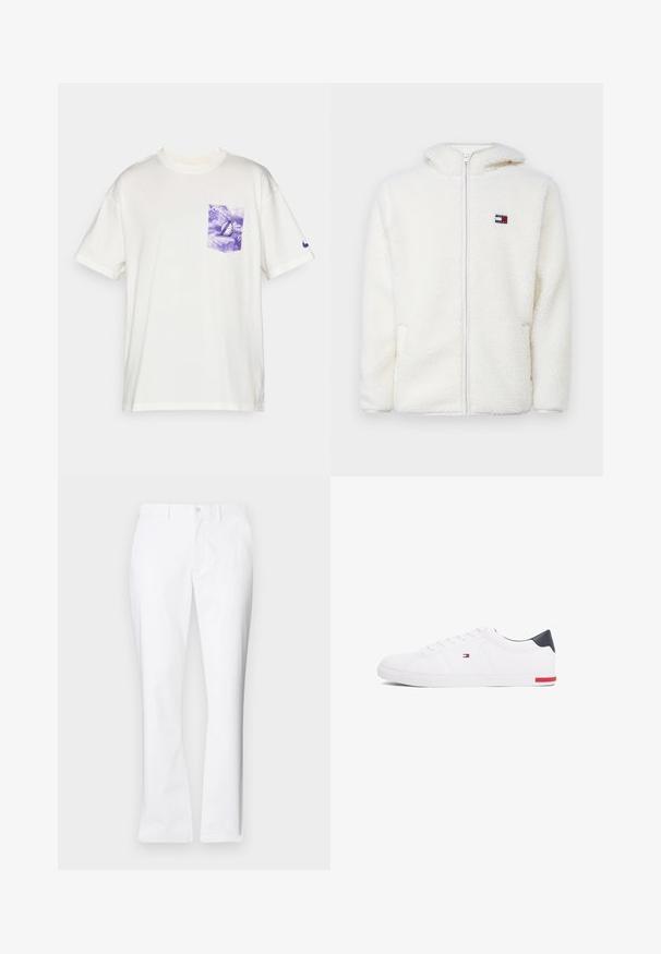 Biely fleecový zipsový mikina s jemnou textúrou, s kapucňou a bočnými vreckami. Malé logo na ľavej hrudi. Hladký zipsový uzáver.; Biela bavlnená tričko s krátkymi rukávmi, s fialovým batikovaným vreckom na hrudi a malým fialovým logom na rukáve.; Biele bavlnené nohavice so strihom rovného nohavice, prednými vreckami, jednom gombíkovým zapínaním a hladkou textúrou.; Biele nízkoprevádzkové tenisky vyrobené z hladkej kože. Majú námornícke zadočnú časť a červený akcent na podrážke. Šesť dierok na šnúrky.