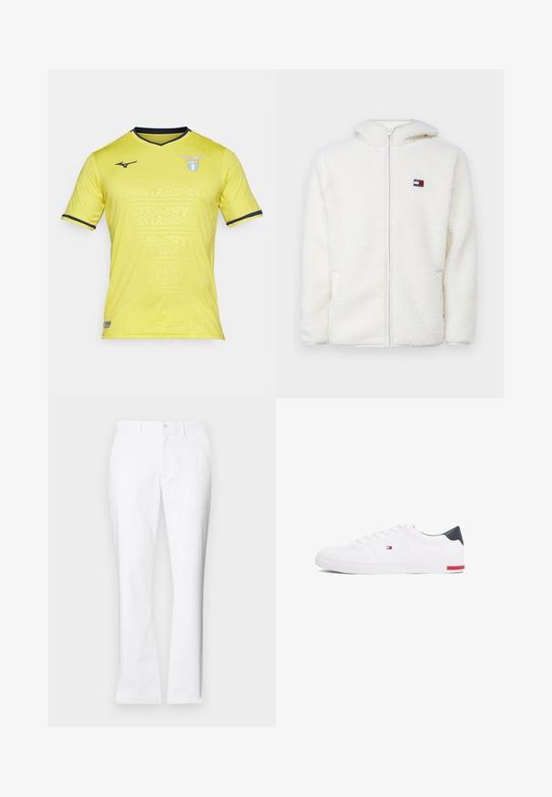 Felpa bianca con zip in pile, dal texture morbido, con cappuccio e tasche laterali. Piccolo logo sul lato sinistro del petto. Chiusura a zip liscia.; Maglietta da calcio gialla a maniche corte con scollatura a V, caratterizzata da un motivo sottile e dettagli blu scuro. Logo della SS Lazio sul lato sinistro del petto.; Pantaloni di cotone bianchi con un design a gamba dritta, tasche frontali, chiusura con un bottone e una texture liscia.; Sneakers bianchi a punta bassa realizzati in pelle liscia. Presentano una tomaia blu navy sul tallone e un accento rosso sulla suola. Sei occhielli per i lacci.