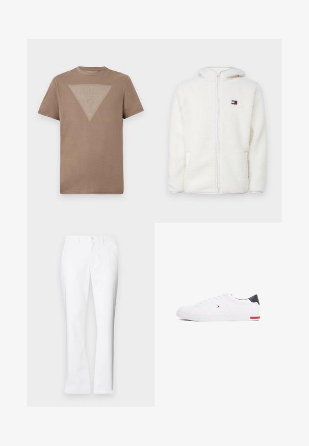 Weißer Fleece-Zip-Hoodie mit weicher Textur, ausgestattet mit einer Kapuze und seitlichen Taschen. Kleines Logo auf der linken Brust. Glatte Reißverschlussöffnung.; Ein einfarbig braunes T-Shirt mit kurzen Ärmeln, versehen mit einer großen umgekehrten Dreieck-Grafik aus feinen weißen vertikalen Linien auf der Brust.; Weiße Baumwollhose mit geradem Bein, vorderen Taschen, einem einzigen Knopfverschluss und einer glatten Textur.; Weißes Low-Top-Sneaker aus glattem Leder. Mit einem marineblauen Fersenstück und einem roten Akzent an der Sohle. Sechs Ösen für die Schnürsenkel.