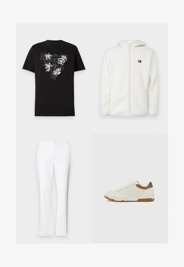 Weißer Fleece-Zip-Hoodie mit weicher Textur, ausgestattet mit einer Kapuze und seitlichen Taschen. Kleines Logo auf der linken Brust. Glatte Reißverschlussöffnung.; Schwarzes Baumwoll-T-Shirt mit einem dreieckigen Logo, das ein florales Design in hellblau und weiß zeigt. Kurze Ärmel und normale Passform.; Weiße Baumwollhose mit geradem Bein, vorderen Taschen, einem einzigen Knopfverschluss und einer glatten Textur.; Tommy Hilfiger BASKET CORE - Sneaker low - ecru/army green