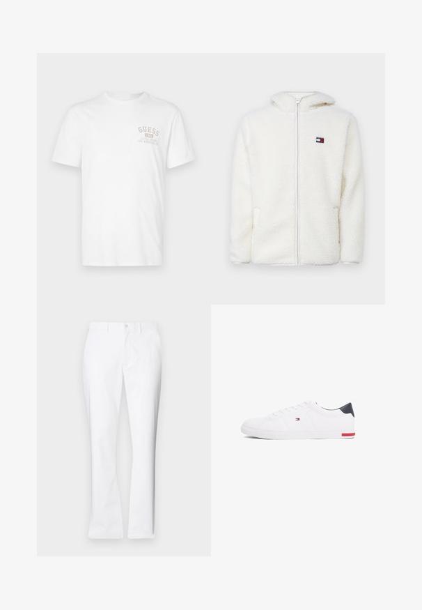Balta pūkų zip-up gobtuvu, su minkšta tekstūra, turinčiu gobtuvą ir šonines kišenes. Mažas logotipas kairėje krūtinės pusėje. Lygus užtrauktukas.; Balta medvilnė marškinėliai trumpomis rankovėmis. Pasižymi bežiniu atspaudu "GUESS 1981" ir tekstu "CLASSIC DESIGN LOS ANGELES, CA" ant krūtinės.; Balti medvilniniai kelnių su tiesiu pjūviu, priekinėmis kišenėmis, vieno mygtuko uždarymu ir lygiu paviršiumi.; Balti žemi kedai, pagaminti iš lygios odos. Yra tamsiai mėlynas kulno užsegimas ir raudona detalė ant pado. Šešios skylutės raišteliams.