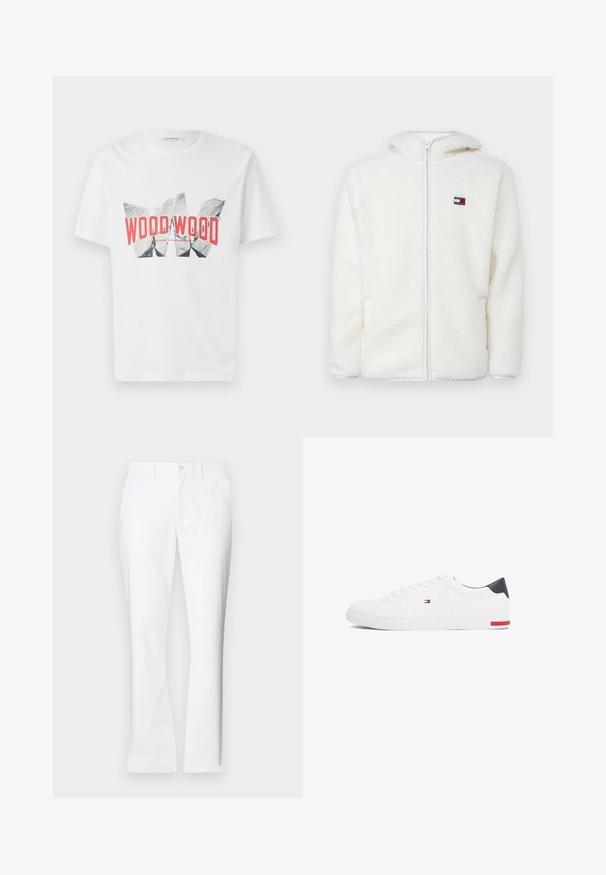 Biely fleecový zipsový mikina s jemnou textúrou, s kapucňou a bočnými vreckami. Malé logo na ľavej hrudi. Hladký zipsový uzáver.; Biela tričko vyrobené z bavlny, s odvážnym grafickým potlačou v červenej a čiernej farbe s textom "WOOD WOOD," umiestneným na čistom pozadí.; Biele bavlnené nohavice so strihom rovného nohavice, prednými vreckami, jednom gombíkovým zapínaním a hladkou textúrou.; Biele nízkoprevádzkové tenisky vyrobené z hladkej kože. Majú námornícke zadočnú časť a červený akcent na podrážke. Šesť dierok na šnúrky.