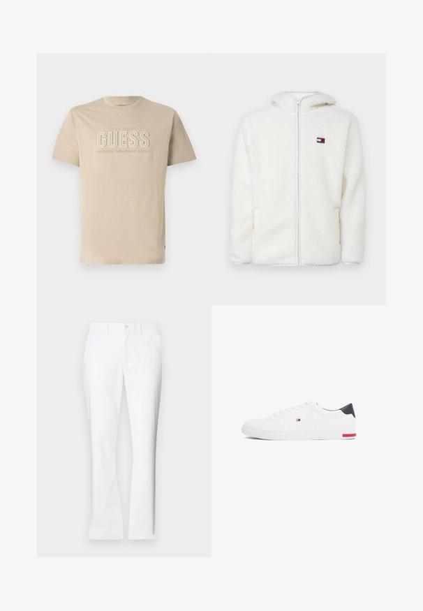White fleece zip-up hoodie with a soft texture, featuring a hood and side pockets. Small logo on the left chest. Smooth zip closure.; Beige cotton t-shirt with a crew neck, featuring embossed "GUESS" logo and "CLASSIC AMERICAN STYLE" text in lighter color. Short sleeves.; White cotton trousers with a straight-leg design, front pockets, a single button closure, and a smooth texture.; White low-top sneakers made of smooth leather. Features a navy heel cap and a red accent on the sole. Six eyelets for laces.