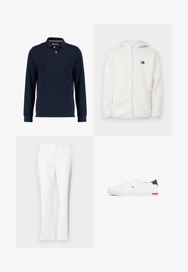 Bílá fleecová mikina na zip s měkkou texturou, obsahující kapuci a postranní kapsy. Malé logo na levém prsu. Hladký zip.; Námořnická dlouhá polo košile vyrobená z bavlny, s klasickým límcem, dvoubarevným zapínáním na knoflíky a hladkou texturou.; Bílé bavlněné kalhoty s rovnými nohavicemi, předními kapsami, jednoduchým zapínáním na knoflík a hladkým povrchem.; Bílé nízké tenisky vyrobené z hladké kůže. Mají tmavě modrý opatek a červený akcent na podrážce. Šest ok pro tkaničky.