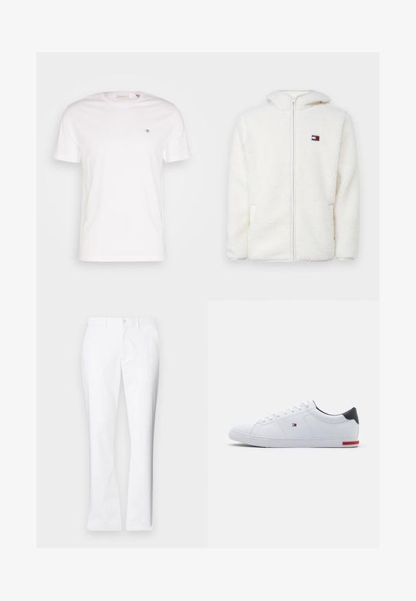 Felpa bianca con zip in pile, dal texture morbido, con cappuccio e tasche laterali. Piccolo logo sul lato sinistro del petto. Chiusura a zip liscia.; T-shirt bianco in cotone con colletto tondo, maniche corte e un piccolo logo ricamato sul petto. Texture morbida, design semplice.; Pantaloni di cotone bianchi con un design a gamba dritta, tasche frontali, chiusura con un bottone e una texture liscia.; Sneaker bianco in pelle con texture liscia, punta rotonda, design con lacci e un piccolo accento blu marino sul tallone con un dettaglio rosso sulla suola.
