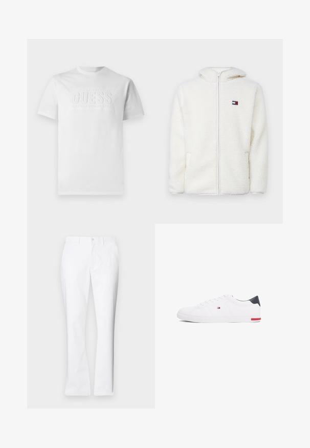 Valkoinen fleece-zip-up-huppari pehmeällä tekstuurilla, jossa on huppu ja sivutaskut. Pieni logo vasemmassa rinnassa. Sujuva vetoketjusulku.; Valkoinen puuvillapaita, jossa on pyöreä pääntie. Keskellä on tekstuurillinenn logo, joka lukee "GUESS EST. 1981 CLASSIC AMERICAN STYLE."; Valkoiset puuvillahousut suoralla lahkeella, etutaskuilla, yhdessä napilla suljettuna ja sileällä pinnalla.; Valkoiset matalat tennarit, joissa on sileä nahka. Ominaisuuksiin kuuluu laivastonsininen kantapää ja punainen yksityiskohta pohjassa. Kuusi reikää nauhoille.