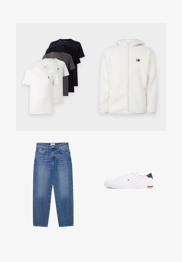 Felpa bianca con zip in pile, dal texture morbido, con cappuccio e tasche laterali. Piccolo logo sul lato sinistro del petto. Chiusura a zip liscia.; Cinque t-shirt a manica corta in cotone, nei colori bianco, grigio chiaro, grigio scuro, blu navy e nero, con un piccolo logo sul petto.; Jeans in denim blu con vita alta, design a gamba dritta e finitura sbiadita. Presentano cinque tasche e chiusura con bottone.; Sneakers bianchi a punta bassa realizzati in pelle liscia. Presentano una tomaia blu navy sul tallone e un accento rosso sulla suola. Sei occhielli per i lacci.