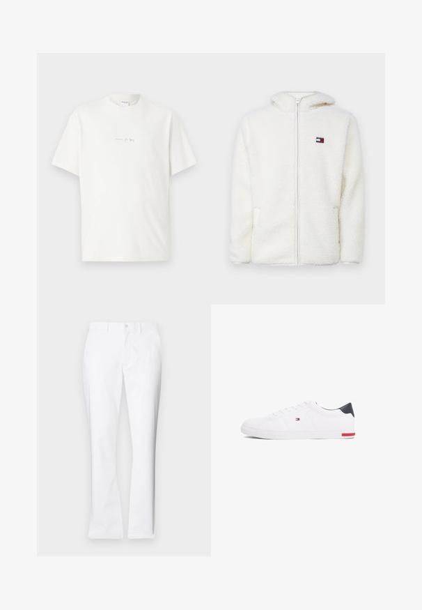 Bílá fleecová mikina na zip s měkkou texturou, obsahující kapuci a postranní kapsy. Malé logo na levém prsu. Hladký zip.; Bílá bavlněná tričko s kulatým výstřihem, krátkými rukávy a malým vytištěným logem na přední straně. Hladká textura a volný střih.; Bílé bavlněné kalhoty s rovnými nohavicemi, předními kapsami, jednoduchým zapínáním na knoflík a hladkým povrchem.; Bílé nízké tenisky vyrobené z hladké kůže. Mají tmavě modrý opatek a červený akcent na podrážce. Šest ok pro tkaničky.