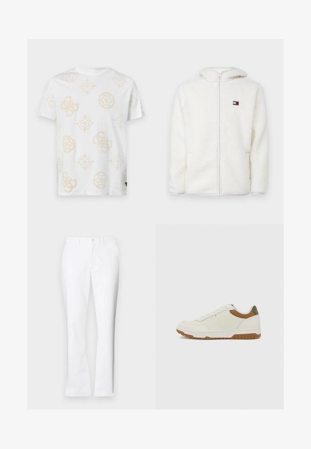 Bílá fleecová mikina na zip s měkkou texturou, obsahující kapuci a postranní kapsy. Malé logo na levém prsu. Hladký zip.; Bílý bavlněný tričko s lehkým béžovým abstraktním vzorem a různými geometrickými tvary a logy. Kulatý výstřih a krátké rukávy.; Bílé bavlněné kalhoty s rovnými nohavicemi, předními kapsami, jednoduchým zapínáním na knoflík a hladkým povrchem.; Tommy Hilfiger BASKET CORE - Tenisky - ecru/army green