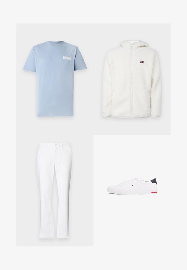 Fehér bolyhos zipzáras kapucnis pulóver, puha tapintással, kapucnival és oldalsó zsebekkel. Kis logó a bal mellen. Sima zipzáras záródás.; Világoskék pamut póló, kerek nyakkivágással és rövid ujjakkal; a bal mellen egy kis fehér "GUESS" logóval. Sima tapintású.; Fehér pamut nadrág egyenes szabású, elülső zsebekkel, egy gombos záródással és sima textúrával.; Fehér alacsony szárú sneaker sima bőrből. Tengerészkék sarokvédővel és piros díszítéssel a talpon. Hat fűzőlyuk a fűzők számára.