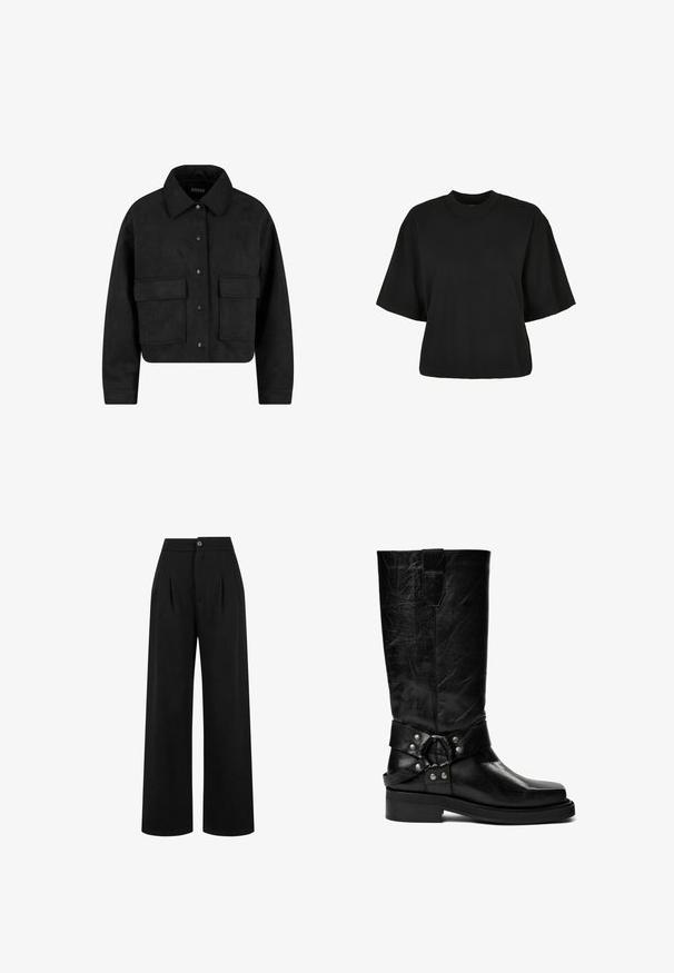 Svart kort jacka med krage, gjord av mjukt tyg. Den har två framfickor och svarta tryckknappar för stängning.; Svart cropped t-shirt i bomull. Har korta ärmar och rund halsringning. Slät yta med en enkel design, utan ytterligare mönster.; Svarta vida byxor med framveck, knappstängning och en mjuk textur. Designen har hög midja och hel längd.; Pavement ANGELINA - Cowboy- / Bikerboots - black crinkle
