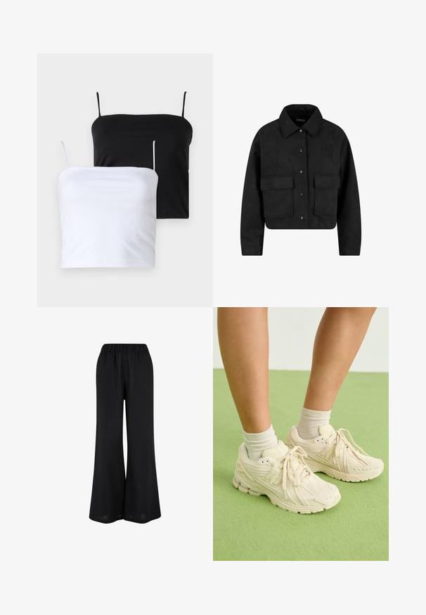 Jachetă scurtă neagră cu guler, confecționată dintr-un material moale. Are două buzunare frontale și capse negre pentru închidere.; Două topuri camizolă alegreată, unul negru și unul alb. Realizate dintr-un material moale, cu bretele subțiri și ajustabile. Textură netedă, design simplu, fără modele notabile.; Pantaloni negri cu croi larg, realizati dintr-un material usor. Au talie elastica si un design fluid, reaching până la podea.; Adidași de culoare bej deschis, cu țesătură texturată, vârf rotund și talpă căptușită. Poartă șosete bej până la gleznă, pe o suprafață verde.