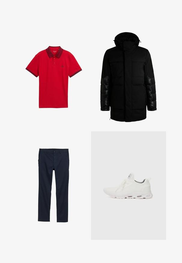BOSS J_EAMS - Manteau en duvet - black one; Polo rouge à manches courtes avec col et bords de manches foncés, patte de boutonnage à deux boutons et petit logo sur la poitrine.; Pantalons légers bleu marine avec une texture lisse, coupe droite, fermeture à bouton et poches latérales.; Baskets blanches de sport avec un dessus en maille texturée, des lacets plats et une semelle rembourrée avec des chambres à air visibles pour un soutien supplémentaire.