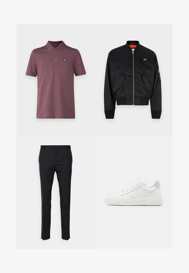 Lacoste Bomber-jakk - black; Must mustrepp, millel on pikad varrukad ja ümar kaelus. Rinna kohal on väike kollane kotka logo. Pehme tekstuur.; Lyle & Scott Polosärk - highland mauve; Mustmustritsed mustad püksid sirge istumisega, valmistatud siledast kangast. Varustatud vööloopide ja voldiga esiosal.; Valged nahast spordijalatsid siledast nahast viimistlusega, ümarate varvastega, lamekestega ja tekstuuriga tallaga. Hall suede aktsent kanna juures.
