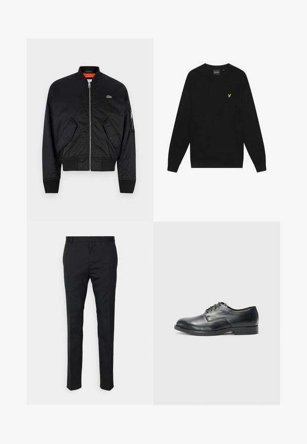 Lacoste Bomberjakke - black; Sort bomulds sweatshirts med lange ærmer og rund hals. Har et lille gult ørnelogo på brystet. Blød tekstur.; Sorte skræddersyede bukser med lige pasform, fremstillet af glat stof. Har bæltestropper og foldedetalje foran.; Sorte læder herresko med rund tå, flad sål og seks snøringer; glat tekstur og minimalistisk design.