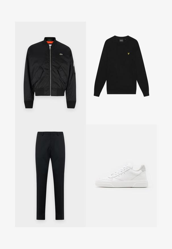Lacoste Bomber stiliaus striukė - black; Juodas medvilninis džemperis su ilgomis rankovėmis ir apvaliamm kaklu. Yra mažas geltonas erelio logotipas ant krūtinės. Minkšta tekstūra.; Juodos vyriškos oficialios kelnės su diržo kilpomis, plokščiu priekiu ir tiesiomis kojomis ant baltos fono.; Balti odiniai sportbačiai su lygiu paviršiumi, apvaliu pirštu, plokščiomis raištelėmis ir struktūrizuota padu. Pilko zimšo akcentas ant kulno.