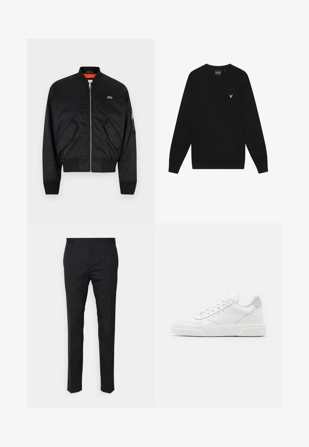Lacoste Bomber stiliaus striukė - black; Juodas medvilninis džemperis su ilgomis rankovėmis ir apvaliamm kaklu. Yra mažas geltonas erelio logotipas ant krūtinės. Minkšta tekstūra.; Juodos pritaikytos kelnės su tiesiu siluetu, pagamintos iš sklandžios medžiagos. Turi diržo kilpas ir raukšlių detalę priekyje.; Balti odiniai sportbačiai su lygiu paviršiumi, apvaliu pirštu, plokščiomis raištelėmis ir struktūrizuota padu. Pilko zimšo akcentas ant kulno.