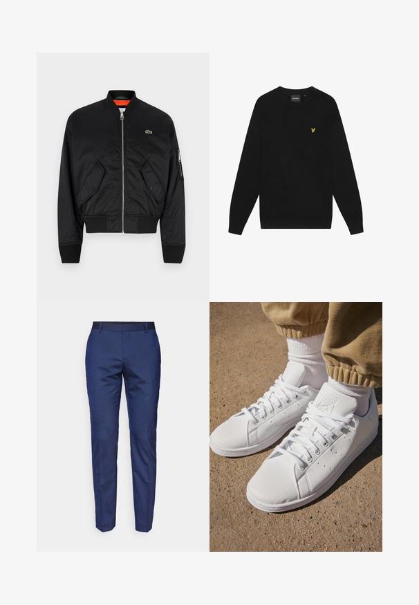 Lacoste Bomber Jacket - black; Black cotton sweatshirt with long sleeves and a round neck. Features a small yellow eagle logo on the chest. Soft texture.; Navy blue tailored trousers with a smooth texture, slim straight cut, and a black waistband. No visible patterns or hardware details.; White leather sneakers with a smooth surface, featuring a classic lace-up design, perforations for breathability, and a textured rubber outsole.