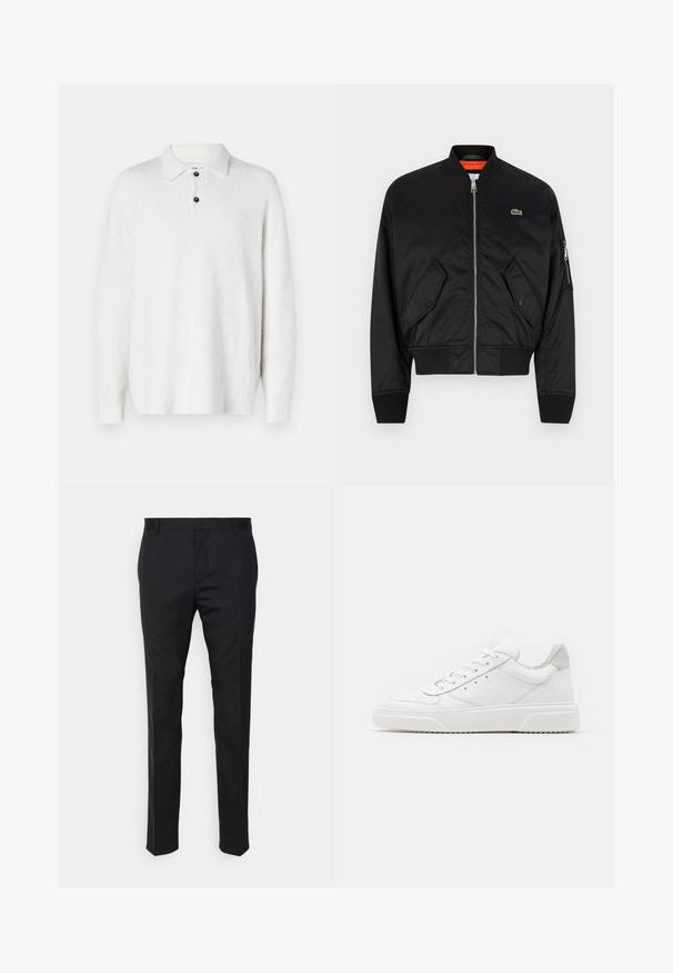 Lacoste Bomber dzseki - black; Fehér pulóver texturált, puha anyagból. Klasszikus gallérral, háromgombos pánttal és hosszú ujjakkal rendelkezik. Egyszerű dizájn, minta nélkül.; Fekete, egyenes szabású, szabott nadrág sima anyagból. Övhurkokkal és redőzéssel a elülső részen.; Fehér bőr sportcipő sima felülettel, kerek orral, lapos fűzőkkel és textúrált talppal. Szürke velúr díszítés a saroknál.