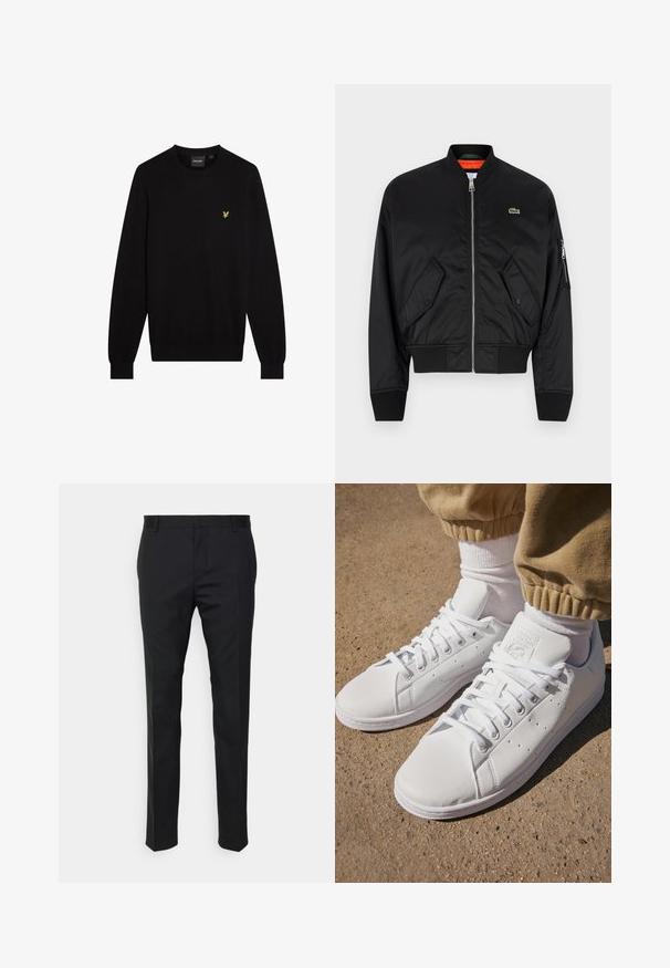 Lacoste Bomberjacka - black; Svart tröja i mjukt tyg, med rund halsringning och långa ärmar. Litet gult broderat märke på vänster bröst.; Svarta skräddarsydda byxor med rak passform, gjorda av ett slätt tyg. Har bältesöglor och veckdetalj framtill.; Vita lädersneakers med en slät yta, med en klassisk snörningsdesign, perforeringar för andningsförmåga och en texturerad gummisula.