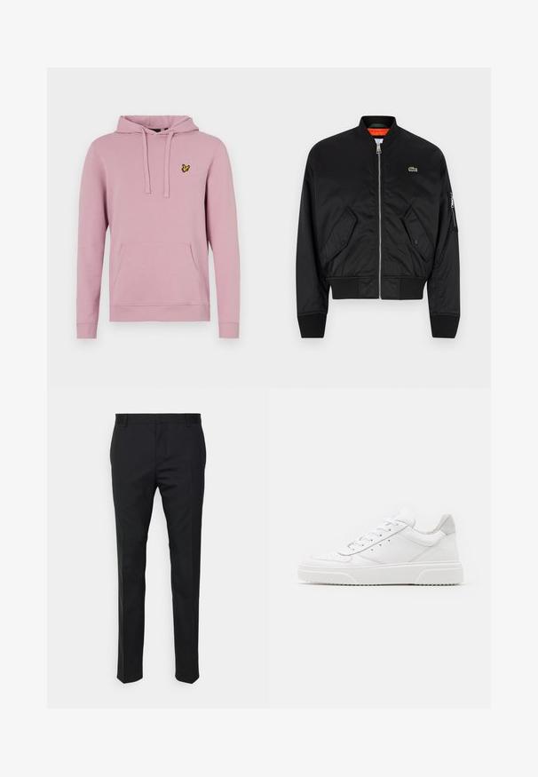 Lacoste Bombera - black; Ružová bavlnená mikina s kapucňou, klokanie vrecko, šnúrkou na kapucni a malým žltým logom na ľavej hrudi. Mäkká textúra, neformálny dizajn.; Čierne nohavice s rovnými nohavicami, vyrobené z hladkej tkaniny. Majú pútka na opasok a záhyby na prednej strane.; Biele kožené tenisky s hladkým povrchom, zaoblenou špičkou, plochými šnúrkami a textúrovanou podrážkou. Sivý semišový akcent na päte.