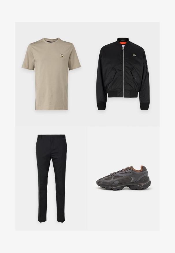 Lacoste Bombertakki - black; Lyle & Scott T-paita - sage; Mustat räätälöidyt housut suoran leikkauksen omaavina, valmistettu sileästä kankaasta. Ominaisuuksia ovat vyölenkit ja taitteet etuosassa.; Lacoste-tennar i mörkgrått med nät- och syntetmaterial, med en texturerad sula och bruna accenter på kragen och märket.