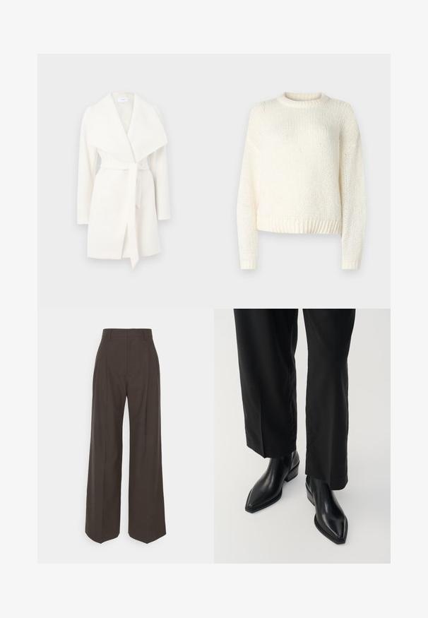 White long-sleeve wrap coat with wide collar and tie belt; made of soft fabric with a smooth texture and clean lines.; Lightweight, knitted cream sweater with long sleeves, a round neckline, and ribbed hem. Textured fabric with a loose, relaxed fit.; Dark brown wide-leg trousers with a high waist, featuring neatly pressed creases, smooth texture, and a tailored fit.; Black leather ankle boots with a pointed toe, smooth texture, and a square heel. Paired with black, wide-leg trousers, casting a sleek silhouette.