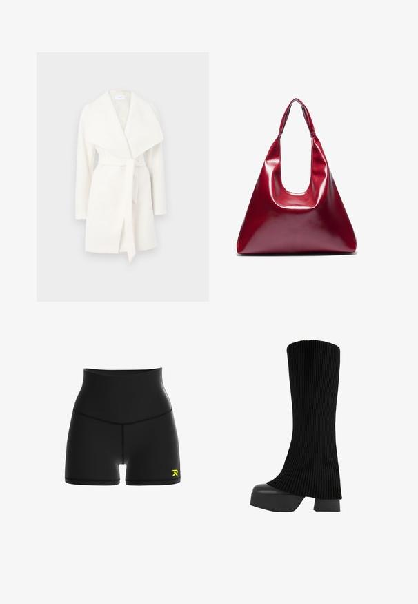 Witte lange mouwen wikkeljas met brede kraag en strikceintuur; gemaakt van zachte stof met een gladde textuur en schone lijnen.; Kortgeknipte witte blouse met puntkraag, lange mouwen en een gladde textuur. Heeft een voorplacket met bijpassende knopen.; Zwarte sportshorts met een hoge taille, voorzien van een gladde textuur, contrasterende stiksels en een klein geel logo rechts onderaan.; Zwarte knielange laars met een ribbelstof bovenkant, chunky platformzool en blokhak, met een gladde textuur en een stijlvolle, moderne uitstraling.; Rode glanzende leren handtas met een driehoekige vorm, brede opening aan de bovenkant en een enkele gebogen handgreep. Gladde textuur met minimale stikseldetails.