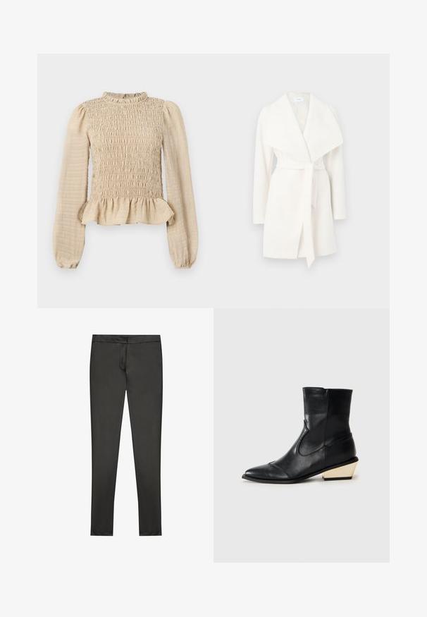 Bela dolgimi rokavi ovita jakna s širokim ovratnikom in pasom; izdelana iz mehke tkanine z gladko teksturo in čistimi linijami.; Kremna dolga majica z dolgimi rokavi, smockano telo, nabran ovratnik in peplum rob. Narejena iz teksturirane tkanine z mehkim površinskim zaključkom.; Črne, slim-fit hlače, izdelane iz gladkega, raztegljivega materiala. Imajo ravno pasnico in elegantno zasnovo brez vidnih žepov.; Črne usnjene gležnjarje s koničastim nosom, ki imajo edinstveno geometrijsko peto z zlatimi poudarki in gladko, elegantno površino.
