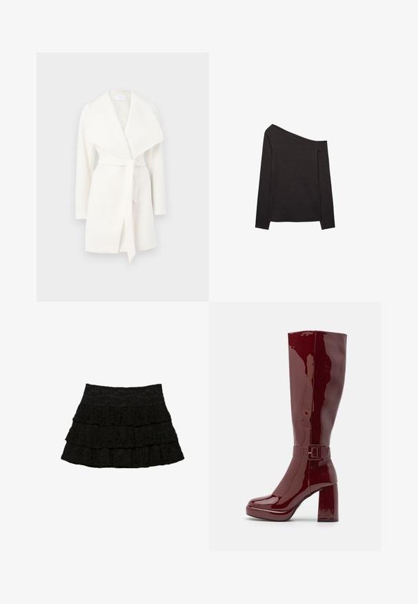 Cappotto avvolgente bianco a maniche lunghe con ampio colletto e cintura; realizzato in tessuto morbido con una texture liscia e linee pulite.; Top nero a spalle scoperte con maniche lunghe realizzato in tessuto morbido, caratterizzato da una vestibilità ampia e una trama liscia. Senza pattern o decorazioni visibili.; Gonna nera a balze con tre strati di volant e un motivo floreale testurizzato. Vita elastica per comfort e vestibilità.; Even&Odd Wide Fit Stivali con i tacchi - red