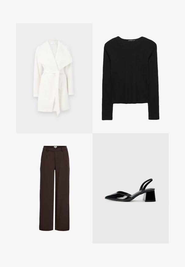 Bijela dugá rukava omotna jakna s širokim ovratnikom i remenom; izrađena je od mekog materijala s glatkom teksturom i čistim linijama.; Crna majica dugih rukava od teksturiranog materijala. Ima okrugli izrez i skraćeni dizajn s uskim rukavima. Nema vidljivih uzoraka.; Object OBJLISA WIDE NOOS - Hlače - java; Crne lakirane kožne sandale s otvorenom petom i špicastim vrhom, s geometrijskom blok petom. Imaju elegantan, minimalistički dizajn i glatku teksturu.