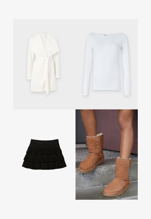 Weißer langärmeliger Wickelmantel mit breitem Kragen und Bindegürtel; aus einem weichen Stoff mit glatter Textur und klaren Linien.; Weißes Langarmshirt aus Baumwollmischung mit runden Ausschnitt und schmaler Passform. Keine sichtbaren Muster oder Akzente.; Schwarzer, gestufter Rock mit drei Lagen Rüschen und einem strukturierten Blumenmuster. Elastischer Bund für Komfort und Passform.; Braune Wildleder-Stiefeletten mit runder Spitze, weicher Innenausstattung und Gummisohle, die über sichtbare Nähte entlang der Nähte verfügen.