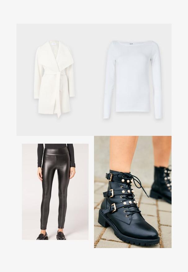 Biały płaszcz z długim rękawem, z szerokim kołnierzem i paskiem do przewiązania; wykonany z miękkiego materiału o gładkiej fakturze i czystych liniach.; Biała koszula z długim rękawem wykonana z mieszanki bawełny, charakteryzująca się okrągłym dekoltem i dopasowanym krojem. Brak widocznych wzorów lub akcentów.; Czarne leginsy z faux skóry o wysokim stanie, o gładkiej teksturze i dopasowanym kroju, charakteryzujące się smukłą sylwetką i minimalnym zdobieniem.; Czarne skórzane botki sięgające kostki z złotymi akcentami, trzema regulowanymi paskami i perełkowymi detalami. Podeszwa z bieżnikiem zapewniająca przyczepność.