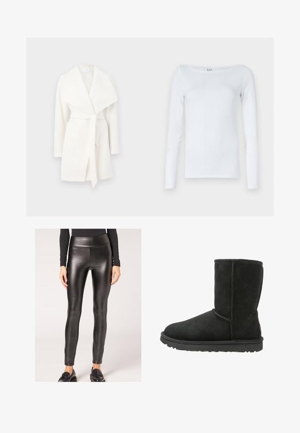 Weißer langärmeliger Wickelmantel mit breitem Kragen und Bindegürtel; aus einem weichen Stoff mit glatter Textur und klaren Linien.; Weißes Langarmshirt aus Baumwollmischung mit runden Ausschnitt und schmaler Passform. Keine sichtbaren Muster oder Akzente.; Schwarze, synthetische Leder-Leggings mit hoher Taille, glatter Textur und figurbetontem Design, das eine elegante Silhouette und minimalistische Details bietet.; Schwarzer Wildleder-Stiefelette mit runder Zehenform, gesteppten Nähten und einer flachen Gummisohle. Hat ein einfaches Design ohne Verzierungen.