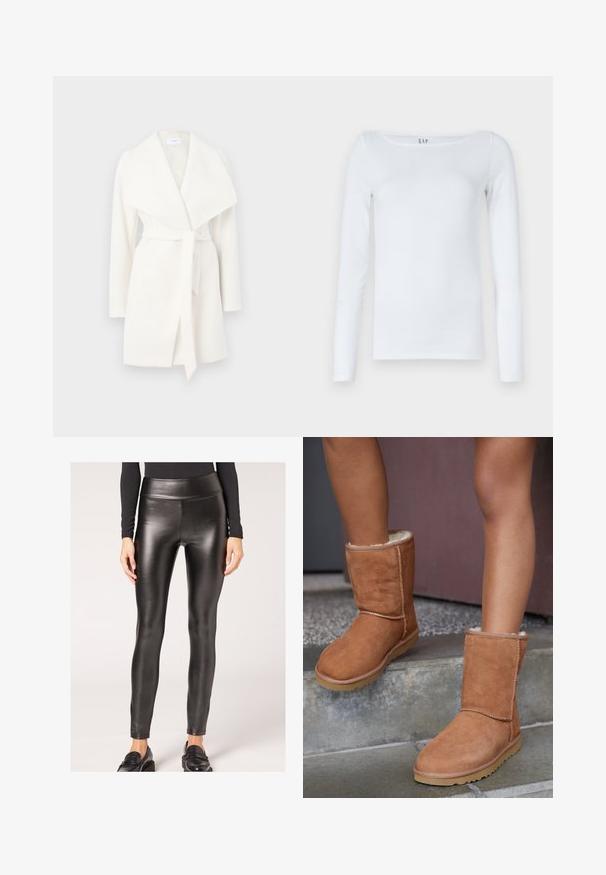 White long-sleeve wrap coat with wide collar and tie belt; made of soft fabric with a smooth texture and clean lines.; White long-sleeve shirt made of cotton blend, featuring a scoop neckline and a slim fit design. No visible patterns or accents.; Black faux leather high-waisted leggings with a smooth texture and fitted design, featuring a sleek silhouette and minimal detailing.; Brown suede ankle boots with a round toe, soft lining, and a rubber sole, featuring visible stitching detail along the seams.