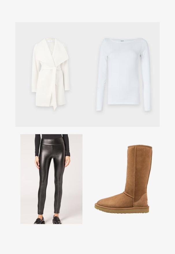 Cappotto avvolgente bianco a maniche lunghe con ampio colletto e cintura; realizzato in tessuto morbido con una texture liscia e linee pulite.; Camicetta bianca a maniche lunghe in misto cotone, con scollatura a girocollo e design slim fit. Nessun motivo o accento visibile.; Leggings neri in ecopelle a vita alta con una superficie liscia e un design aderente, caratterizzati da una silhouette elegante e dettagli minimi.; Stivale alto in suede color beige con punta arrotondata e dettagli di cucitura discreti. La suola in gomma offre aderenza, progettato per comfort e calore.